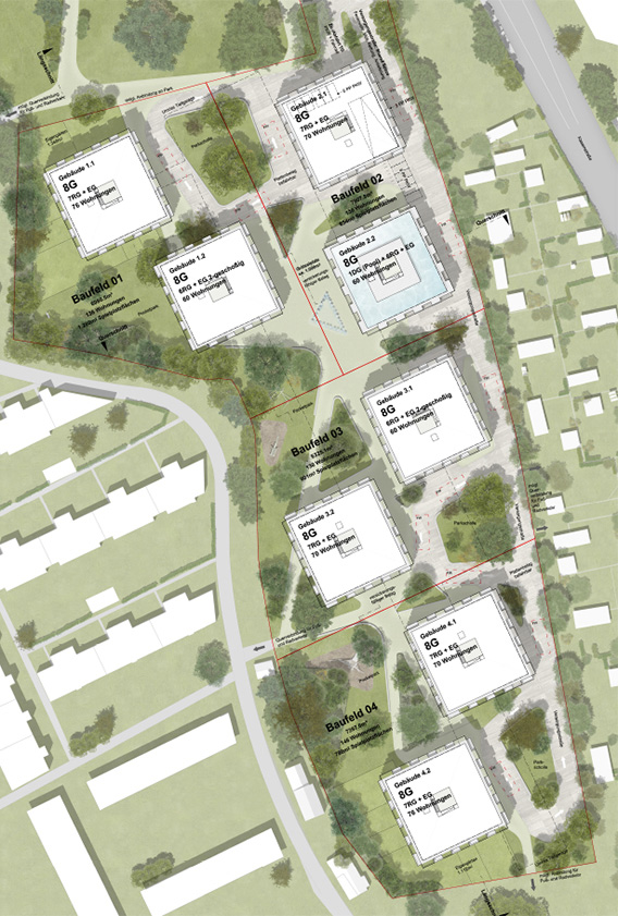 Lageplan: Die umgebenden Grünräume der Nachbarschaft werden in das Projekt integriert und zu einer weitläufig fließenden Parklandschaft verbunden